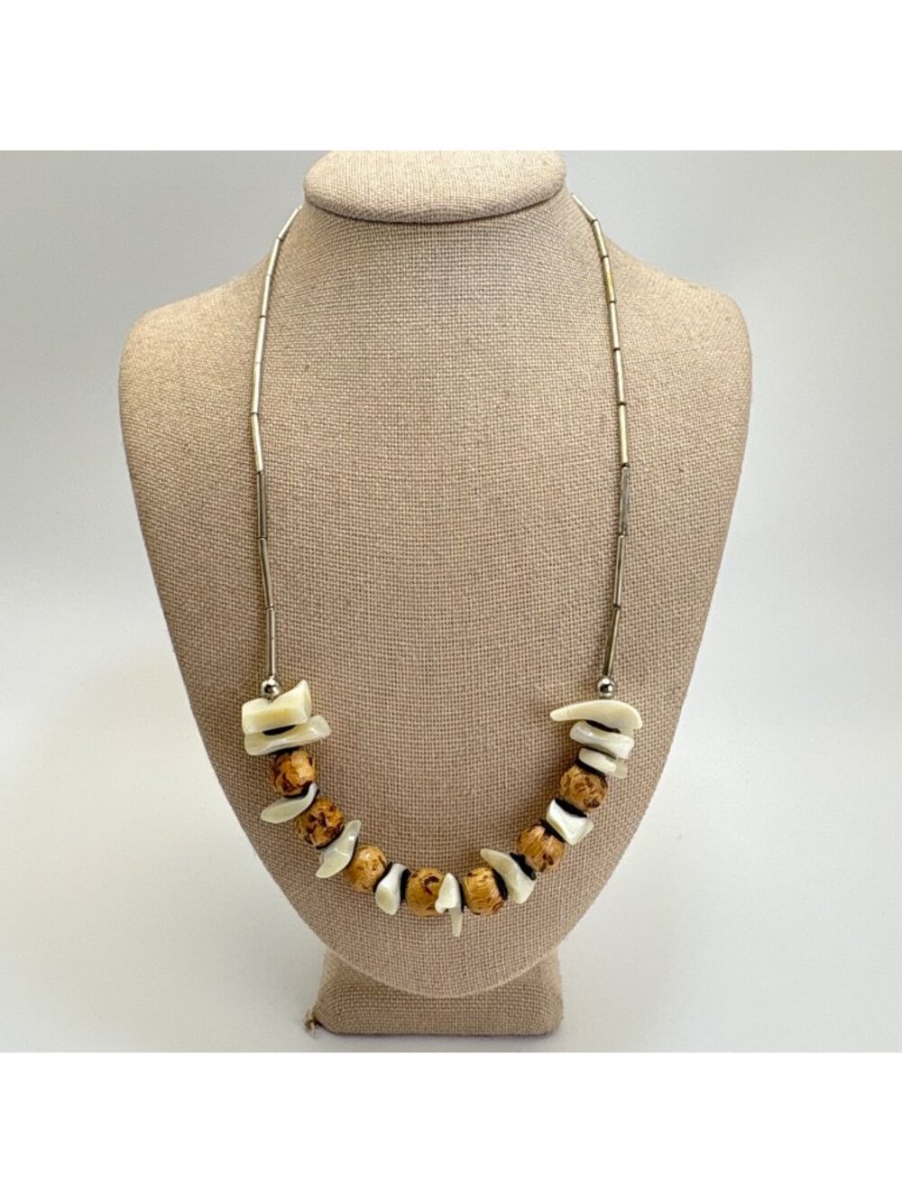 Shell & Mother Of Pearl Necklace Silver Surfer Boho Retro 16"L